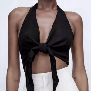 Nwt Zara 100% linen Black wrap halter crop top size medium